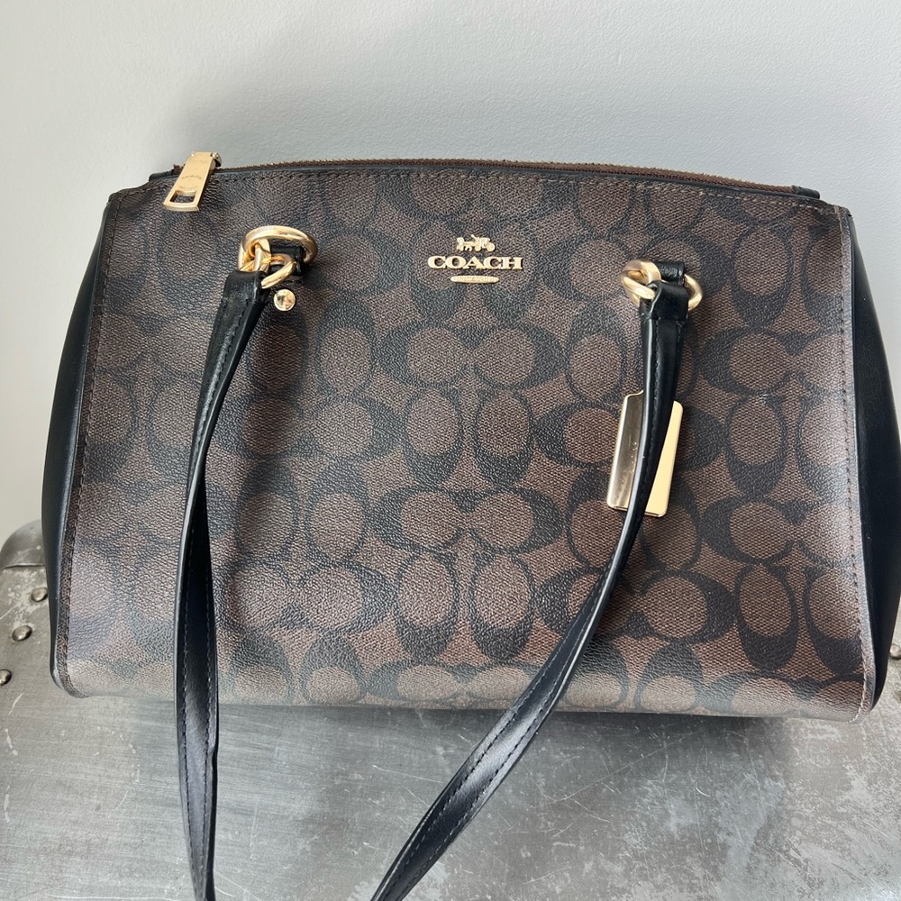 Coach Brown and Black Shoulder Bag with Signature Monogram